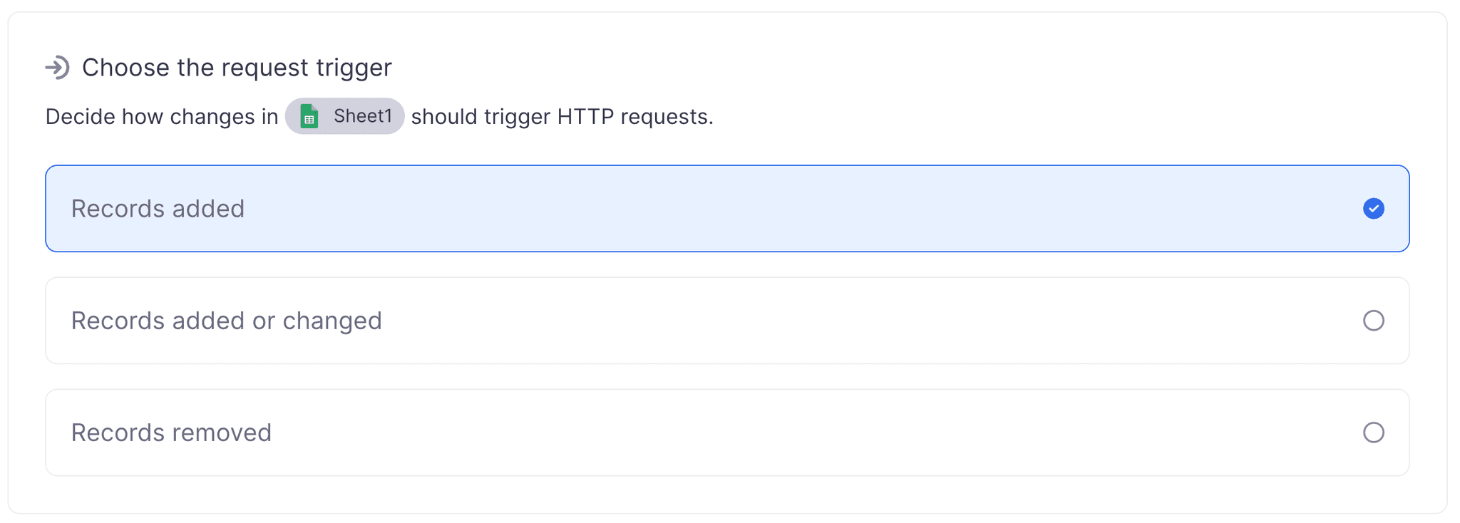 Set the request trigger type to 'Records added'